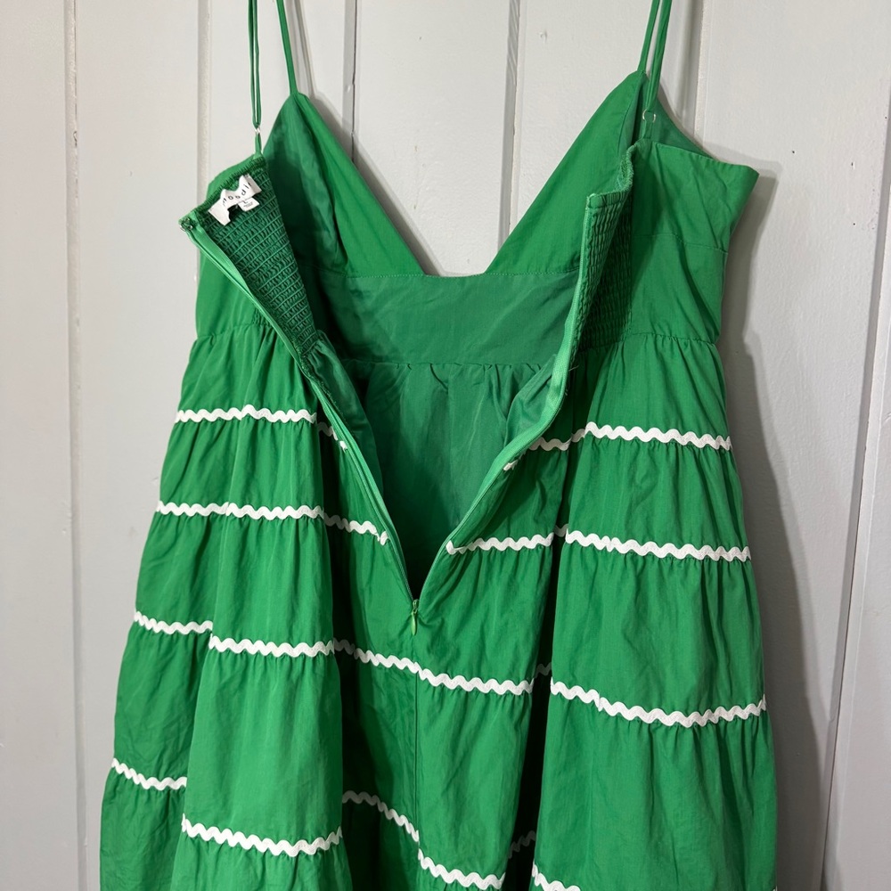Moodie Green Babydoll Mini Dress Flare Ric Rac Trim Tie Front Smocked Back Large - Picture 15 of 15